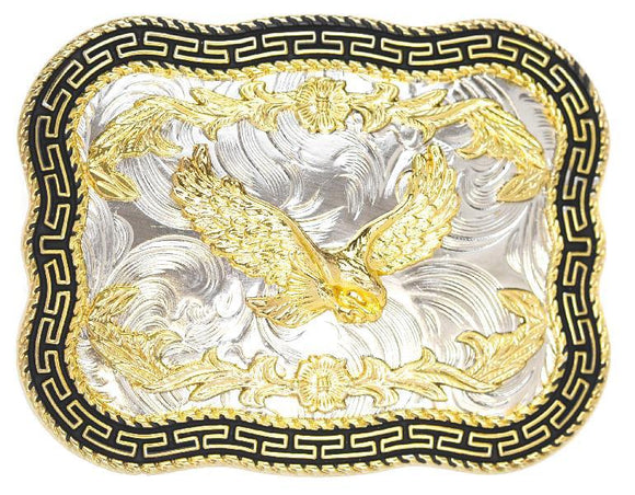 Belt Buckle Silver W/Gold &Black Finish Eagle Design Rectangle